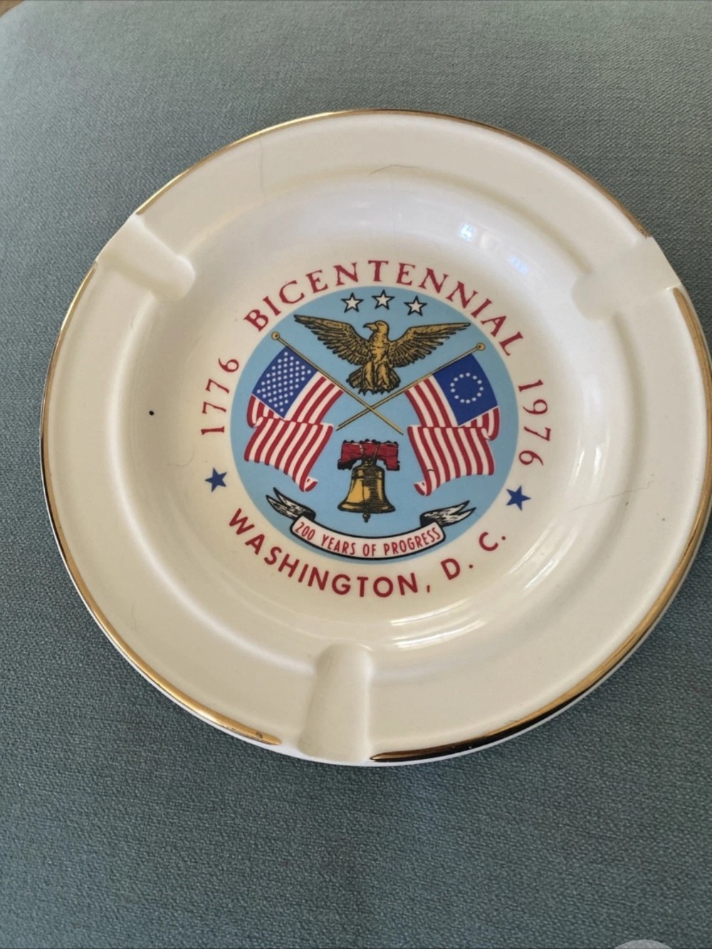 Bicentennial Washington D.C. Collectible White Ceramic Ashtray with Gold Trim
